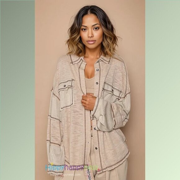 POL Tops - POL Clothing Button Down Shirt Layering Beige Lightweight Slub Fabric